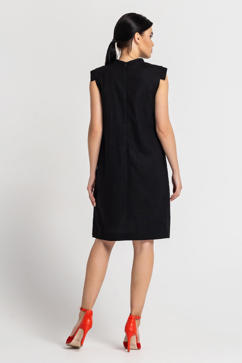 Black Linen Shift Dress summer, Mandarin Collar, Sleeveless Mini Dress image 8