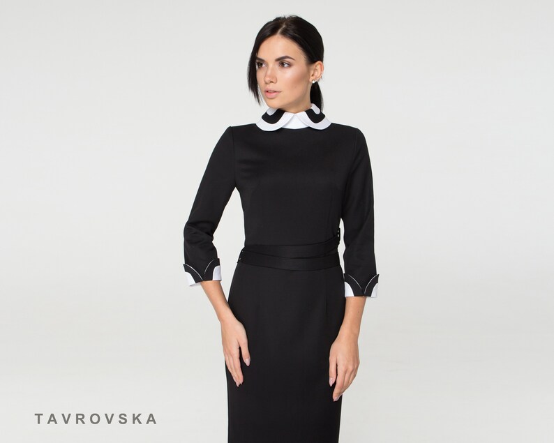 Cocktail stand collar dress Black pencil Peter pan collar dress with sleeves Winter casual midi dresses for women TAVROVSKA