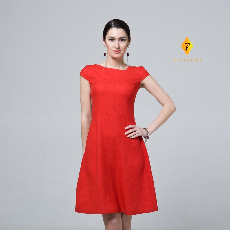 Cocktail Red Dress Modest wedding guest dress Party Skater | Etsy