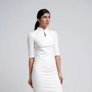 White Cheongsam Cocktail dress, High neck qipao chinese dresses for women, Pencil Asian Keyhole Wiggle dress, Mandarin Dres