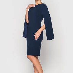 Elegant Navy Blue Cape Sleeve Dress, Midi Cocktail Dress for Women, Sheath Formal attire, Chic Evening Dress, Wedding guest outfit