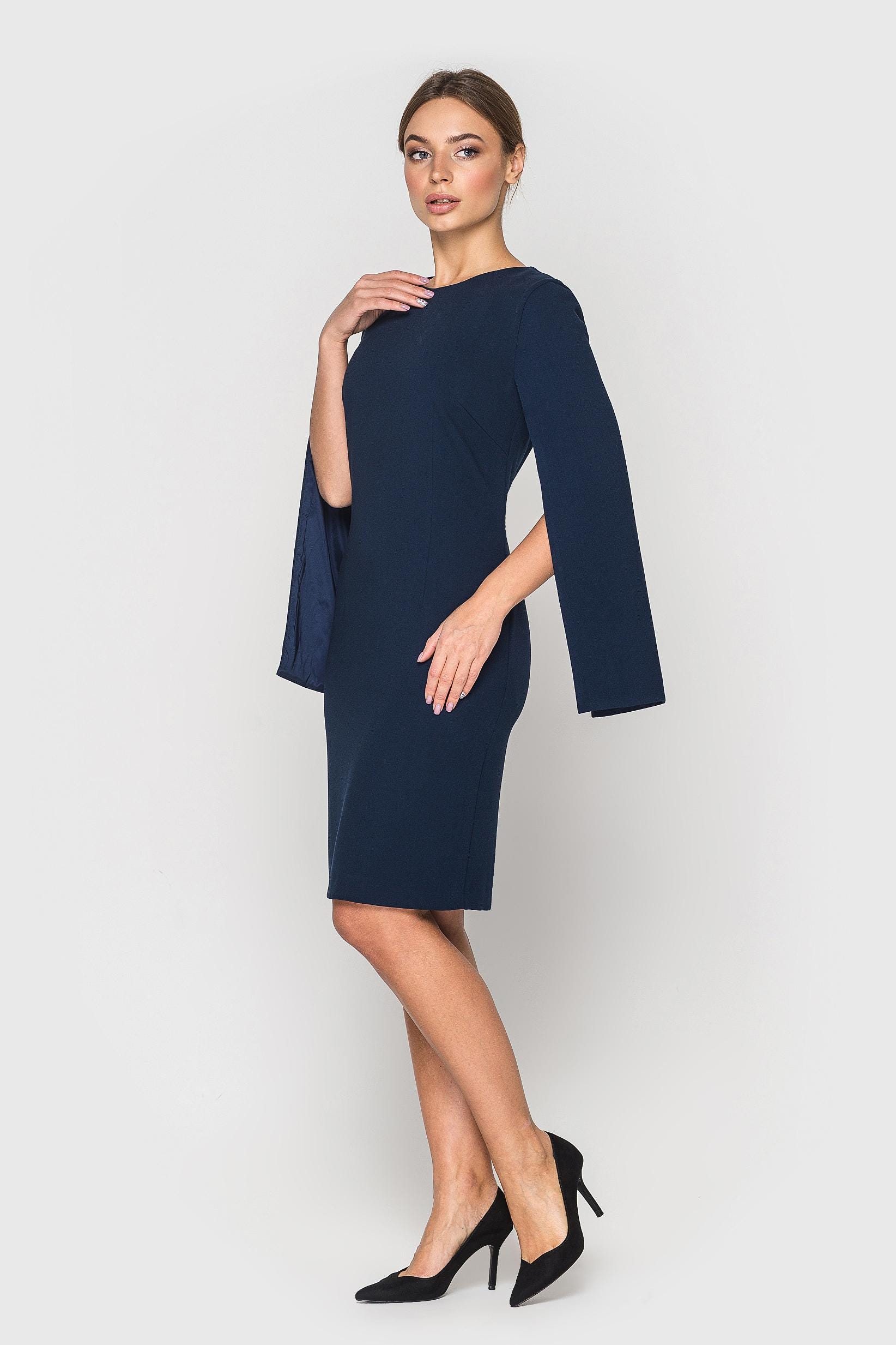 Navy Blue Cape Sleeve Midi Dress, Formal Cocktail Sheath Navy Blue Cape Sleeve Midi Dress, Formal Cocktail Sheath