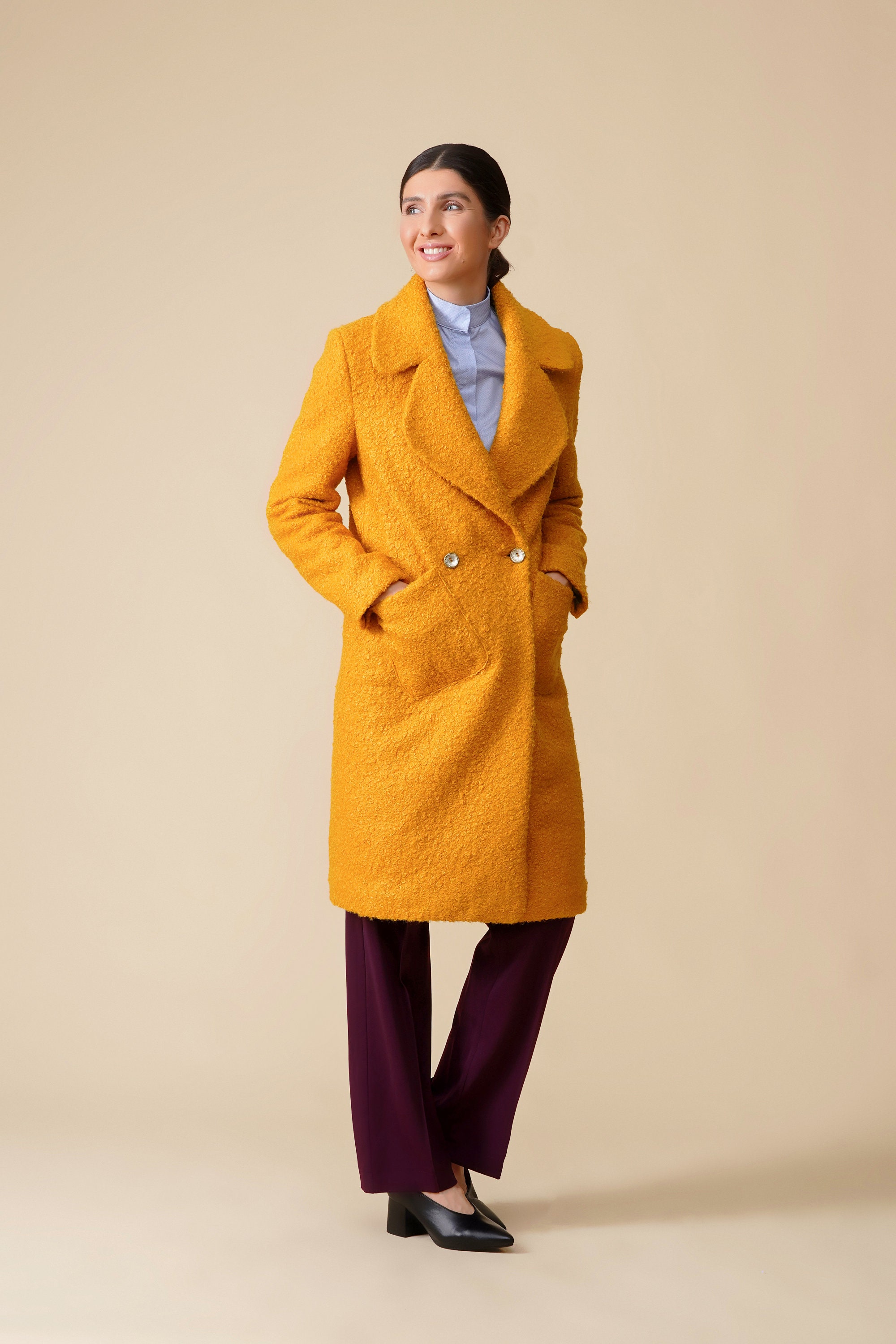 Wool Boucle Coat Women Double Breasted Cloverleaf Lapel Etsy