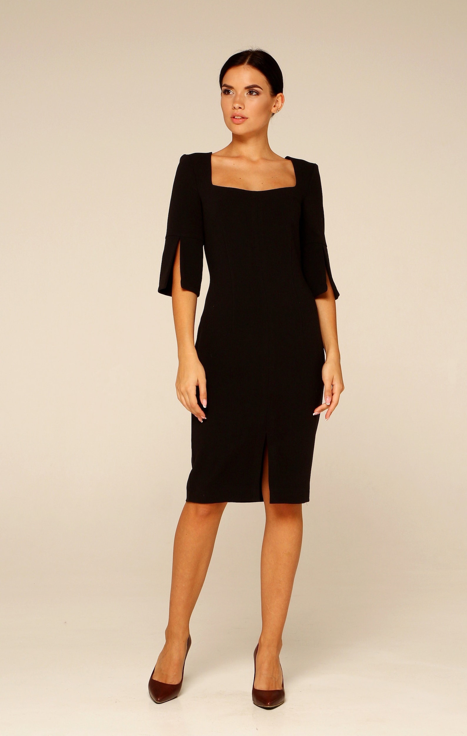 Elegant Cocktail Dress, Black Wedding Guest Dress Formal, Square Neck ...