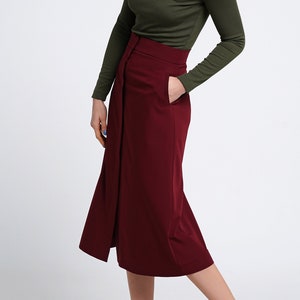 High waist skirt long, Burgundy a line skirts for women, Front slit calf skirt pockets, Split midi skirt, Office work maxi skirt TAVROVSKA