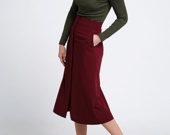 High waist skirt long, Burgundy a line skirts for women, Front slit calf skirt pockets, Split midi skirt, Office work maxi skirt TAVROVSKA