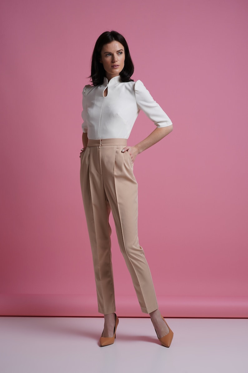 Mandarin collar blouse women, Qipao high neck blouse, Keyhole office shirt women, Fitted retro blouses, White elegant blouse