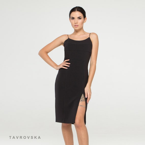 Black Camisole Dress With High Slit Spaghetti Strap Midi Leg