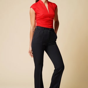 High neck cap sleeve red blouse women, V neckline short sleeve tops for women, Fitted office blouses,  Cap sleeve shirt, Workwear