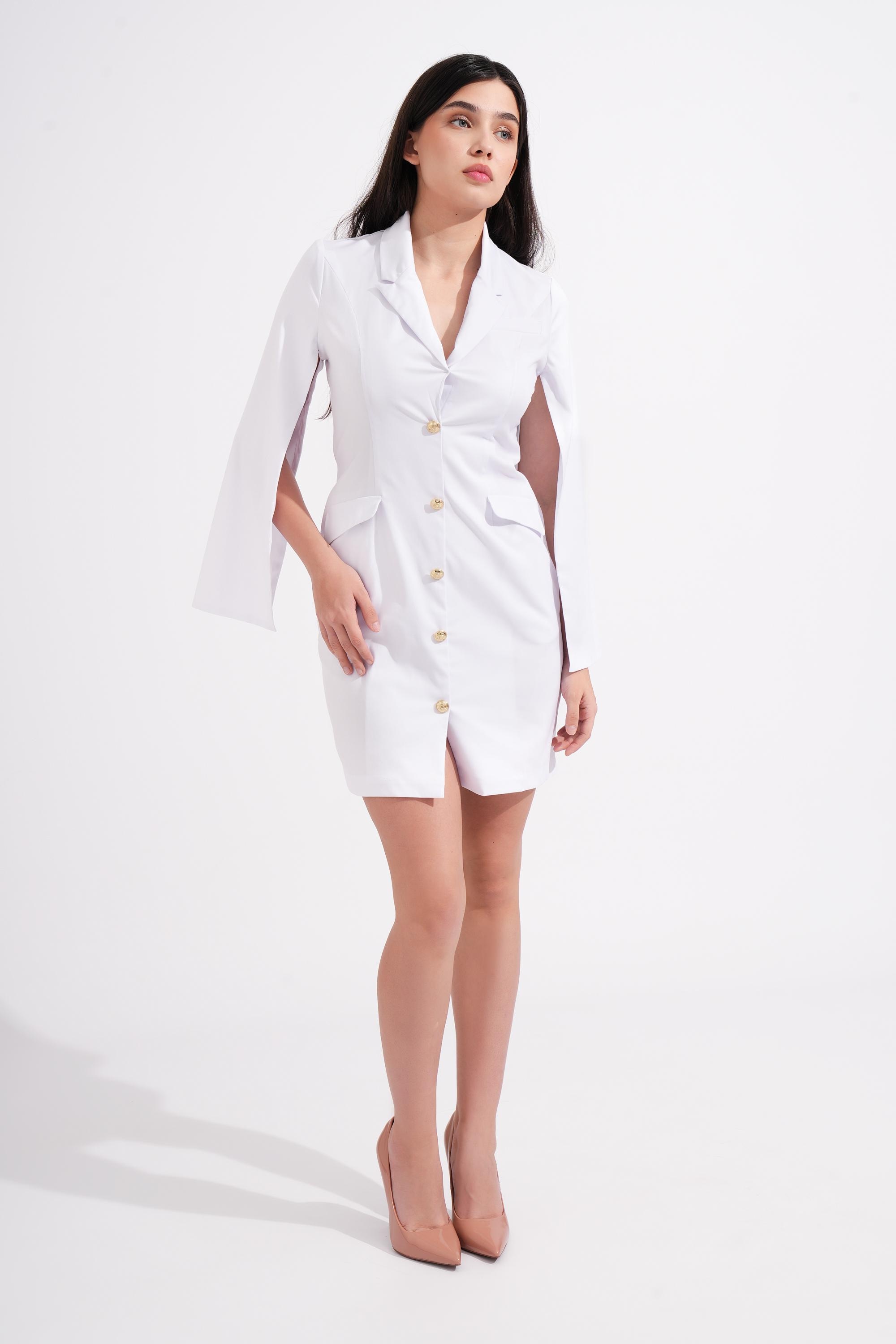white gold button contrast blazer dress 2024 Blazer Pretty Little Thing White Blazer Dress Jacket White Gold Button  Contrast Blazer Dress 2024