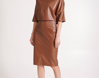 leather kimono dress Brown Vegan Leather Kimono Dress Funnel Neck Midi Pleather attire casual outfit women blouson style Dress Midi high Neck Modern avant garde