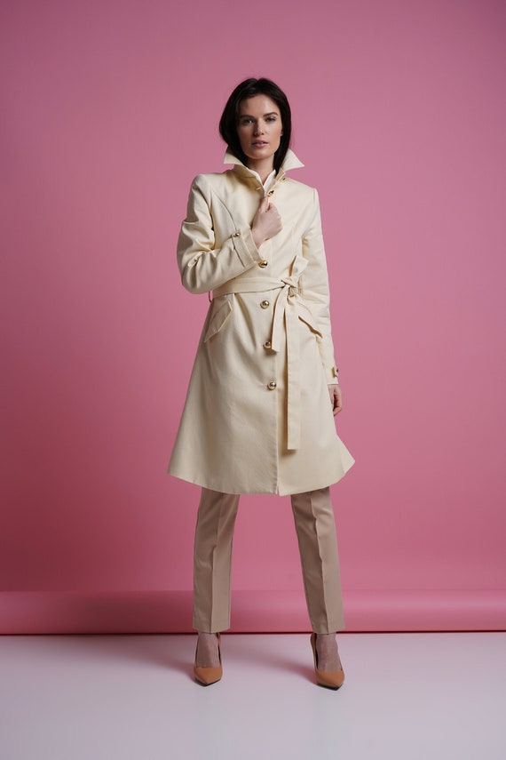 women's a line dress coat White Cotton Trench Women Midi Fall Coat Elegant Ivory Outerwear Jacket,feminine Autumn Belted Coat Womens Clothing Boutique Medium US