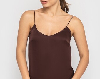 Camisole Brown Slip Top, Silk Satin Tops for Women