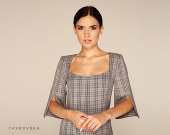 Grey plaid square neck dress, Cocktail dresses for women, Party pencil midi dress, Fitted lined work business dress with sleeves TAVROVSKA