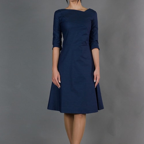 Robe d'invité de mariage bleue, robe de cocktail modeste, robe ajustée et évasée, robes de soirée simples pour femmes, robe de bureau élégante TAVROVSKA