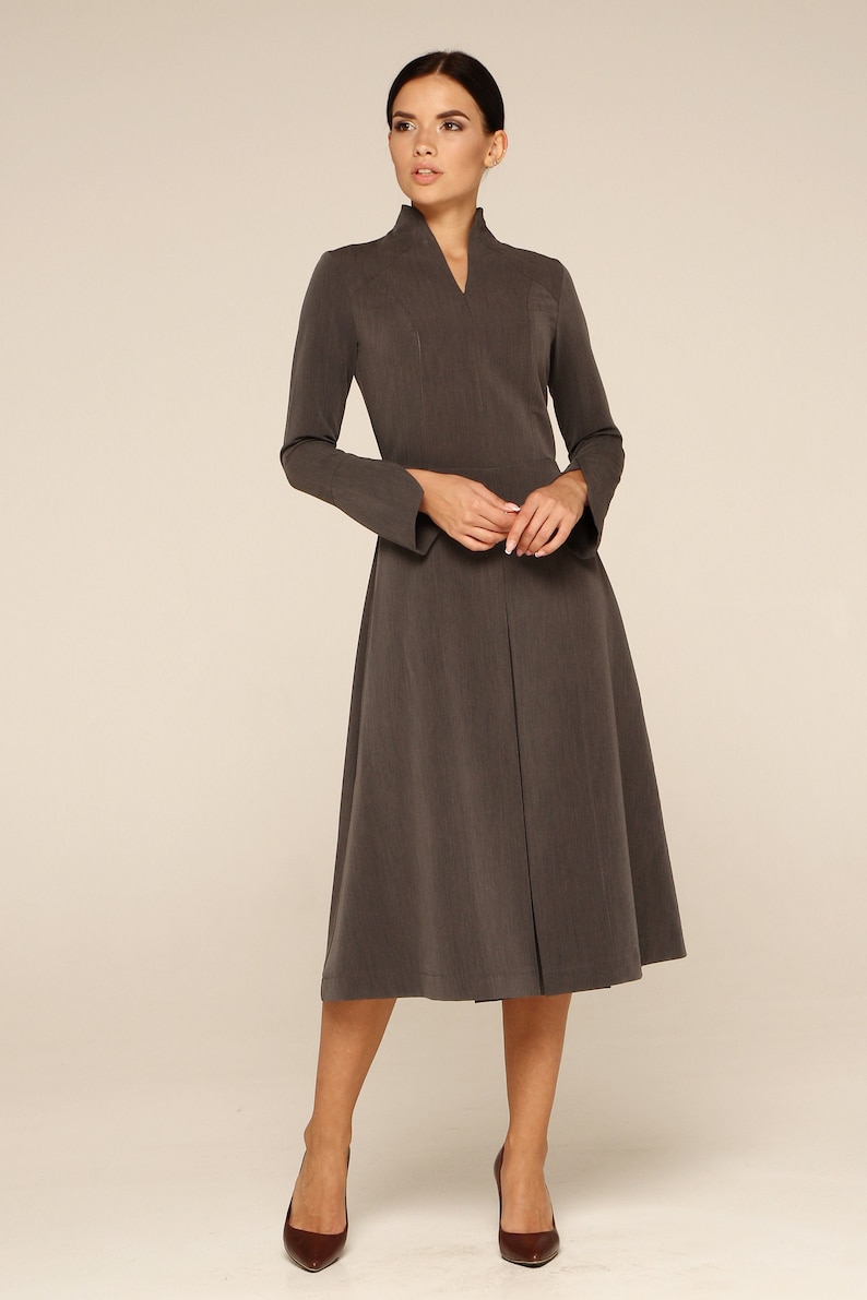 High Neck Long Sleeve Dress, Work dresses for women, Modest cocktail dress, Fit and flare dress mid calf, Business office dress