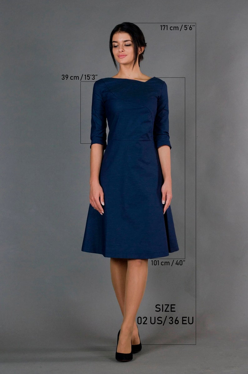 Robe de cocktail bleue, robes de soirée simples pour femmes, robe patineuse décontractée pour bureau d'affaires, robe ajustée et évasée de demoiselle d'honneur modeste TAVROVSKA image 2