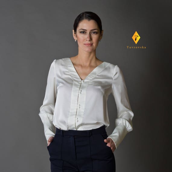 White Long Sleeve Blouse, Silk Womens Blouses, Button up Secretaty Blouse,  Satin Blouses Woman, Cream Elegant Blouse TAVROVSKA -  Norway