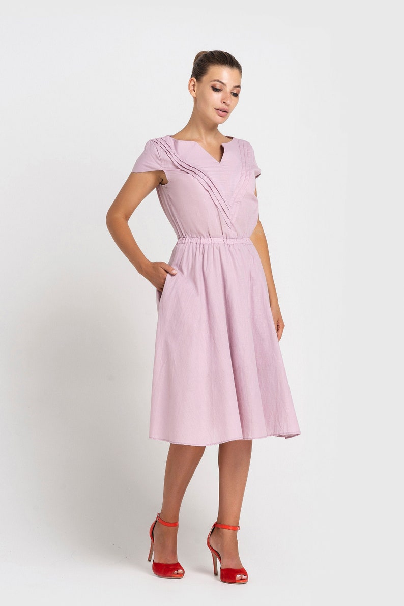 Summer Pink shirt dress, Cotton Dresses for women, Midi Fit and flare Women clothes, Pleated Blouson Dress, Elastic waist dress