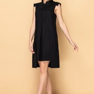 Black Linen Shift Dress summer, Mandarin Collar, Sleeveless Mini Dress image 2