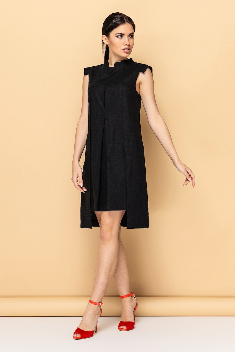 Black Linen Shift Dress summer, Mandarin Collar, Sleeveless Mini Dress image 2
