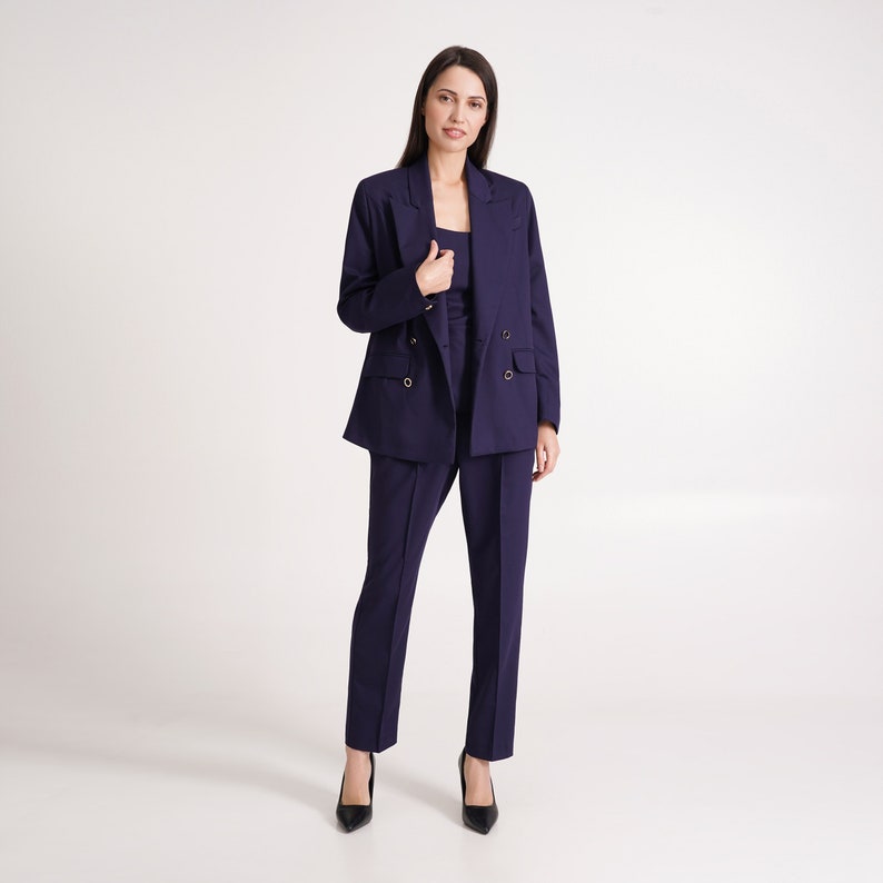 Navy pant suit women, Black dressy pant suit 3 piece set, Double-breasted Blazer and straight pants, Oversize jacket and pants