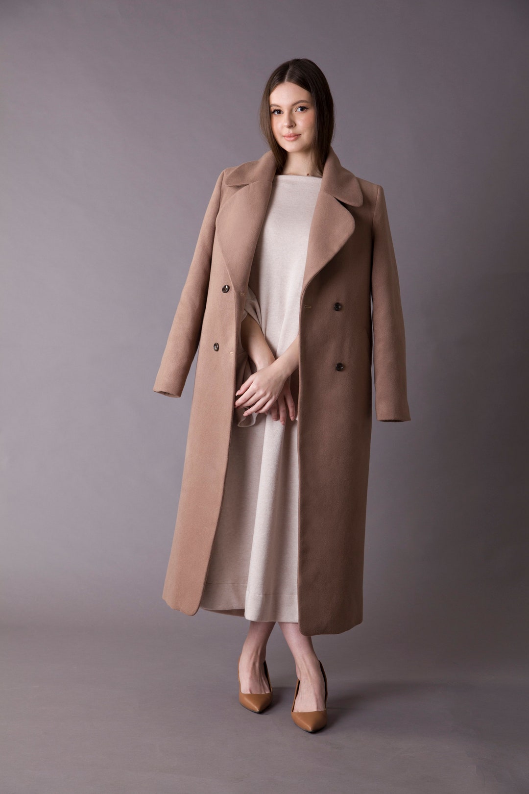 【関税&送料込】ALISHEVA Coats Brown Brown Long Coat for Women, Full Length Light Brown Coat