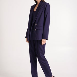 Navy pant suit women, Black dressy pant suit 3 piece set, Double-breasted Blazer and straight pants, Oversize jacket and pants