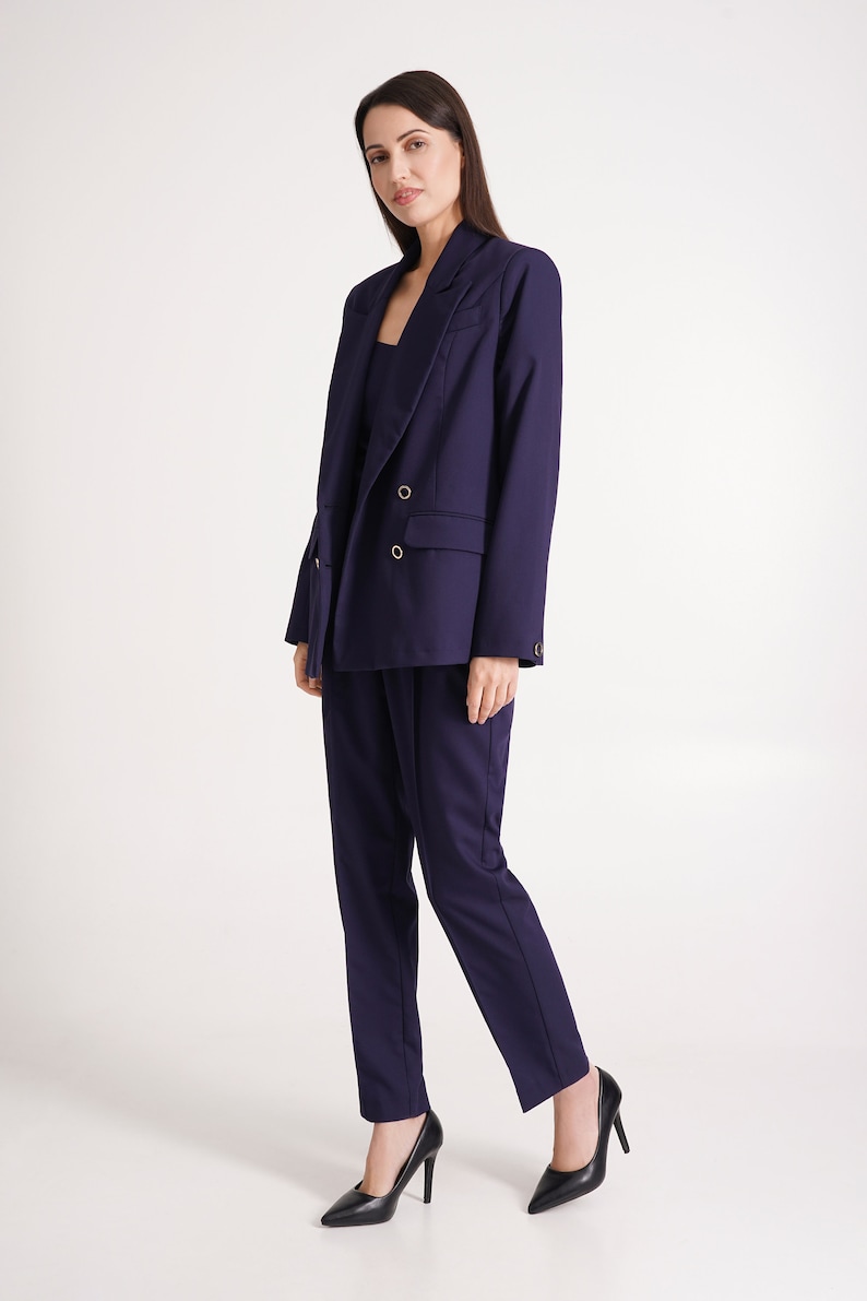 Navy pant suit women, Black dressy pant suit 3 piece set, Double-breasted Blazer and straight pants, Oversize jacket and pants