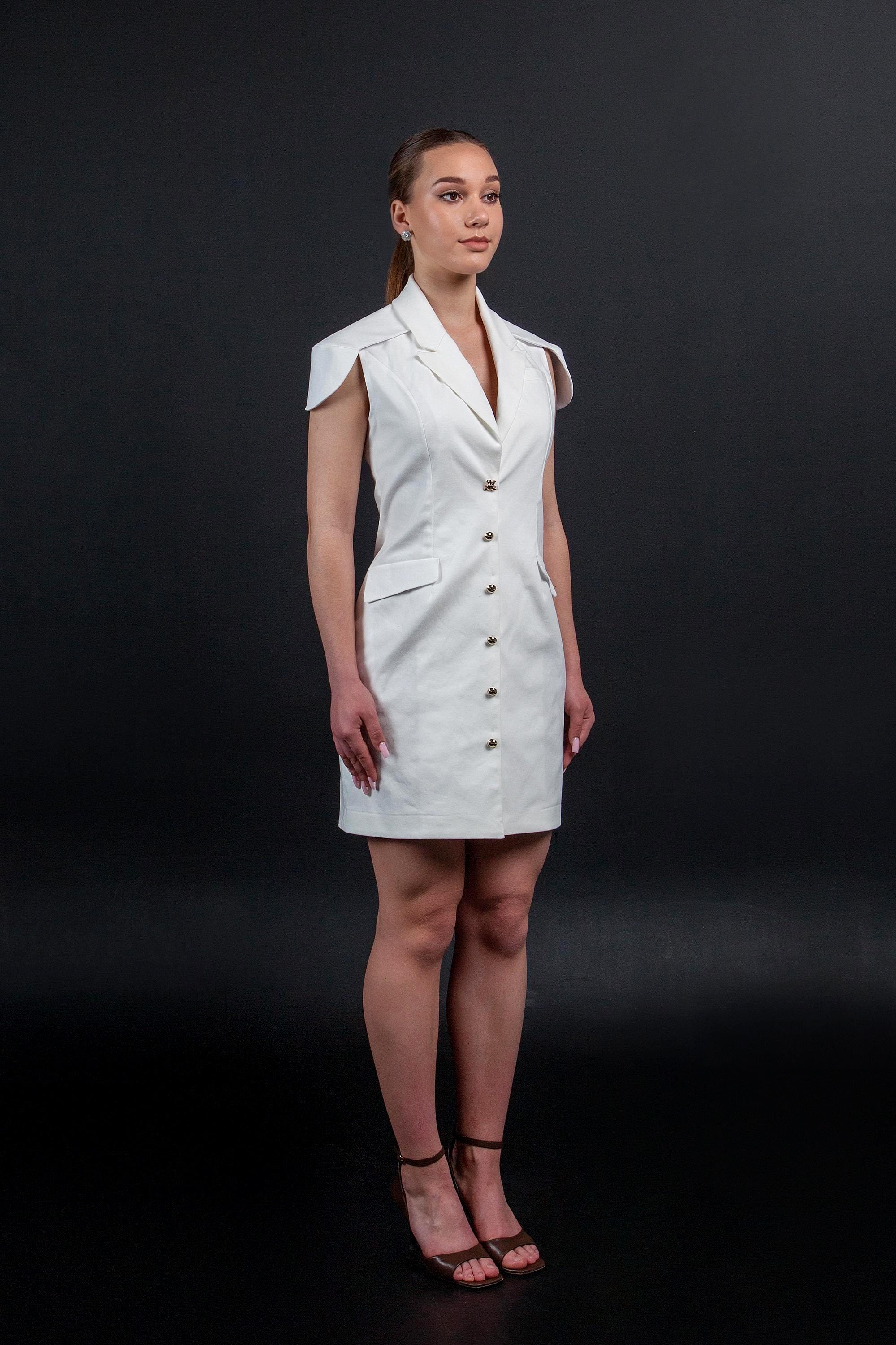 cotton blazer dress Chic White Summer Gold Button Tuxedo Style Stylish Wedding Guest Dress Outfit Cap Sleeve Mini Fitted Collared Attire Pink Floral Smocked Midi Formal dress JD7934 Style:Pink+Blue - Back Order in waist
