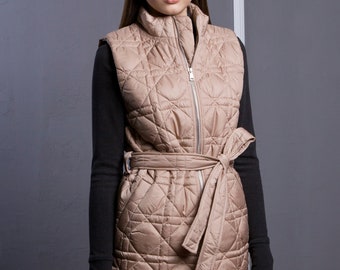 ジャケット・アウター HYKE QUILTED LONG VEST Quilted Vest Women, Long Belted Vest, Zip up Fall Sleeveless
