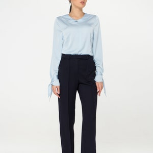 LAST SIZE 02 Us (36 Eu) Long sleeve Satin womens blouse, Blue Silk satin womens tops blouses, Scoop neck secretary blouse TAVROVSKA image 5