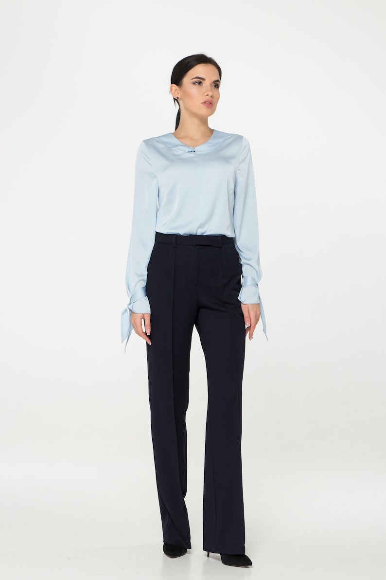 LAST SIZE 02 Us (36 Eu) Long sleeve Satin womens blouse, Blue Silk satin womens tops blouses, Scoop neck secretary blouse TAVROVSKA image 5