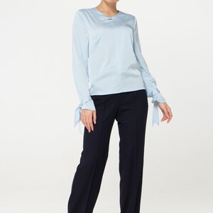 LAST SIZE 02 Us (36 Eu) Long sleeve Satin womens blouse, Blue Silk satin womens tops blouses, Scoop neck secretary blouse TAVROVSKA image 6