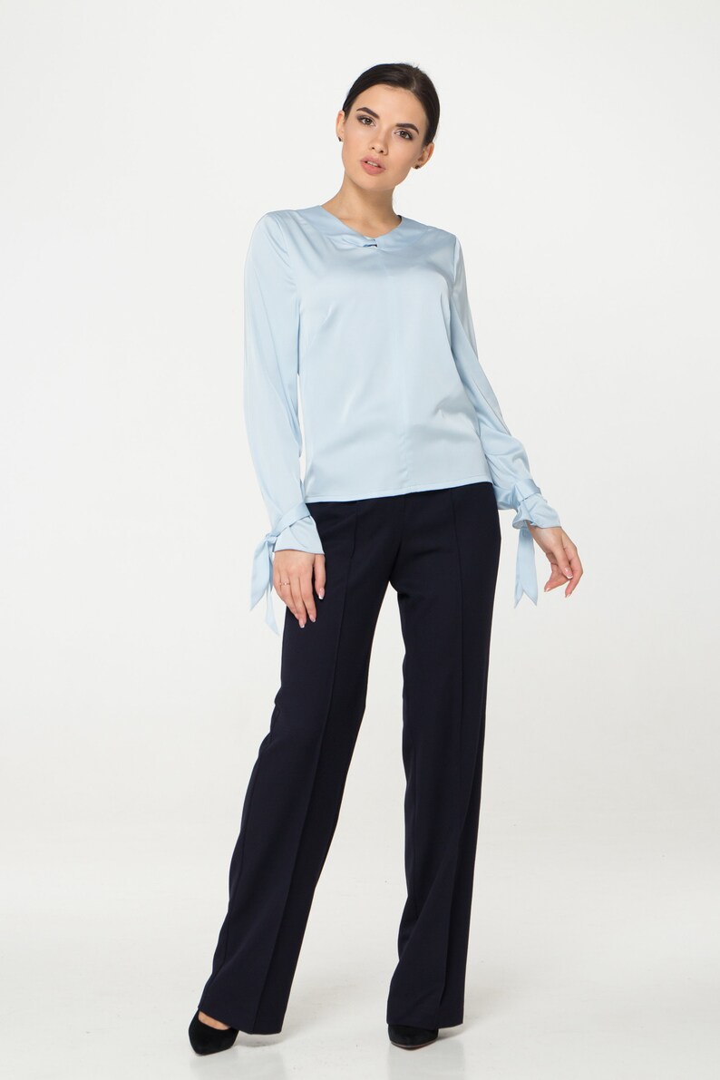 LAST SIZE 02 Us (36 Eu) Long sleeve Satin womens blouse, Blue Silk satin womens tops blouses, Scoop neck secretary blouse TAVROVSKA image 6