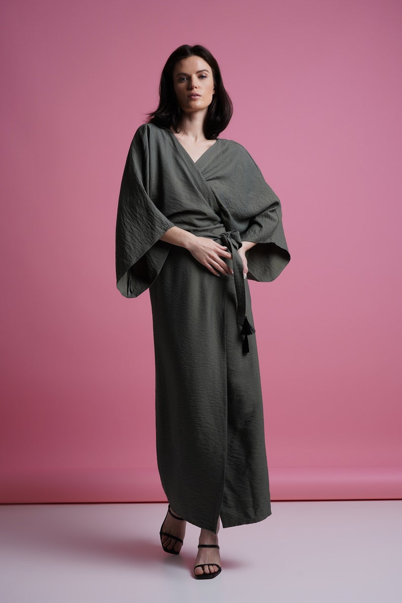 Kimono wrap maxi dress women, Summer boho long sleeve shift sundress, Kaftan beach hippie long dress, Khaki green dressing gown TAVROVSKA image 2