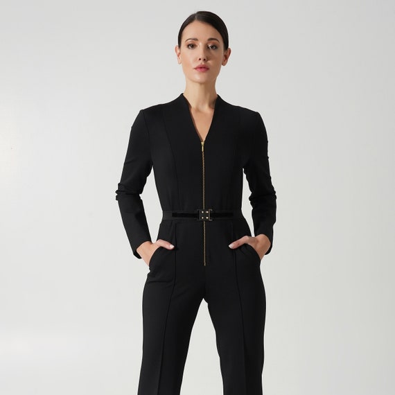 Black Elegant Jumpsuit, Long Sleeve Jumpsuit Formal, Dressy