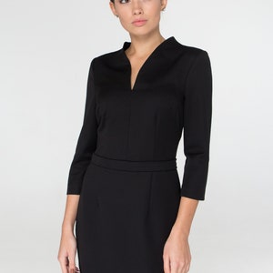 Black midi dress, Work dresses for women, Modest cocktail wedding guest dress, Modern office dress, Business professional dress