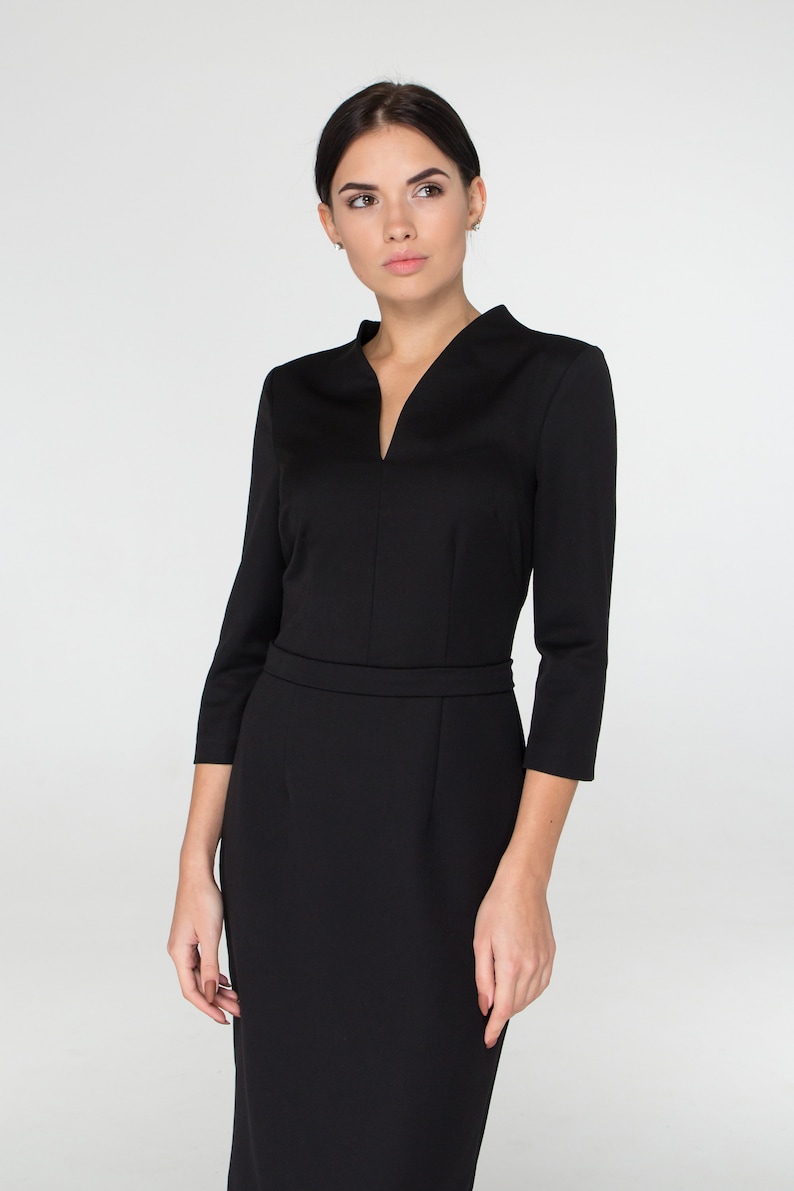 Black midi dress, Work dresses for women, Modest cocktail wedding guest dress, Modern office dress, Business professional dress