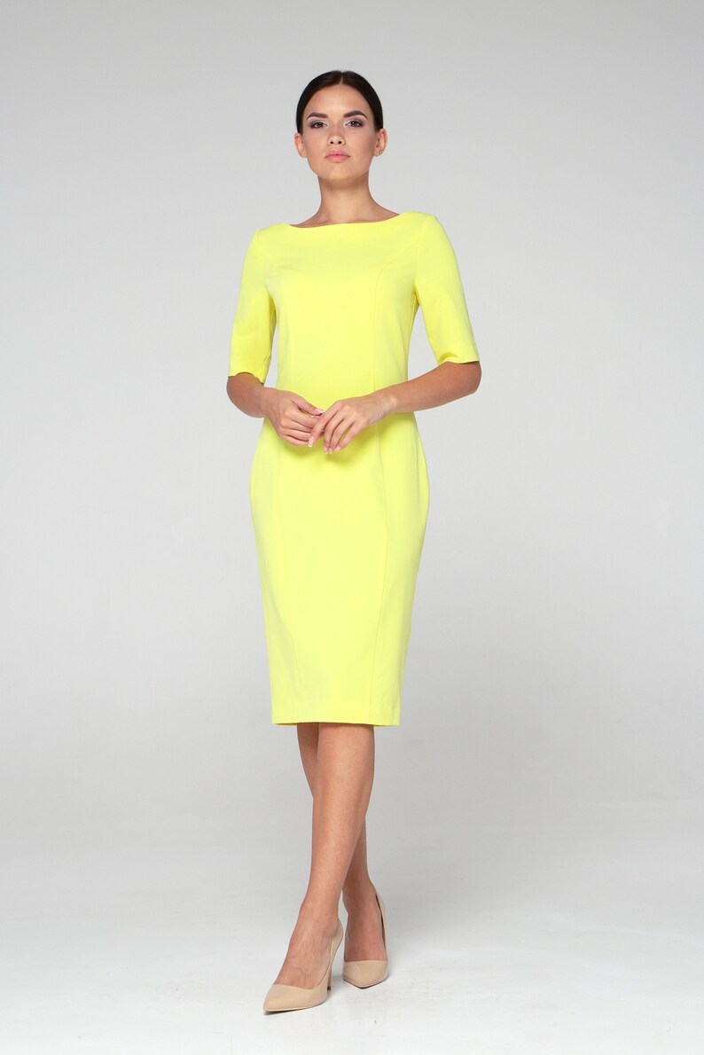 Cocktail midi dress, Pencil yellow homecoming Dresses for women, Party women's dresses, Casual Fitted work boat neck dress TAVROVSKA 