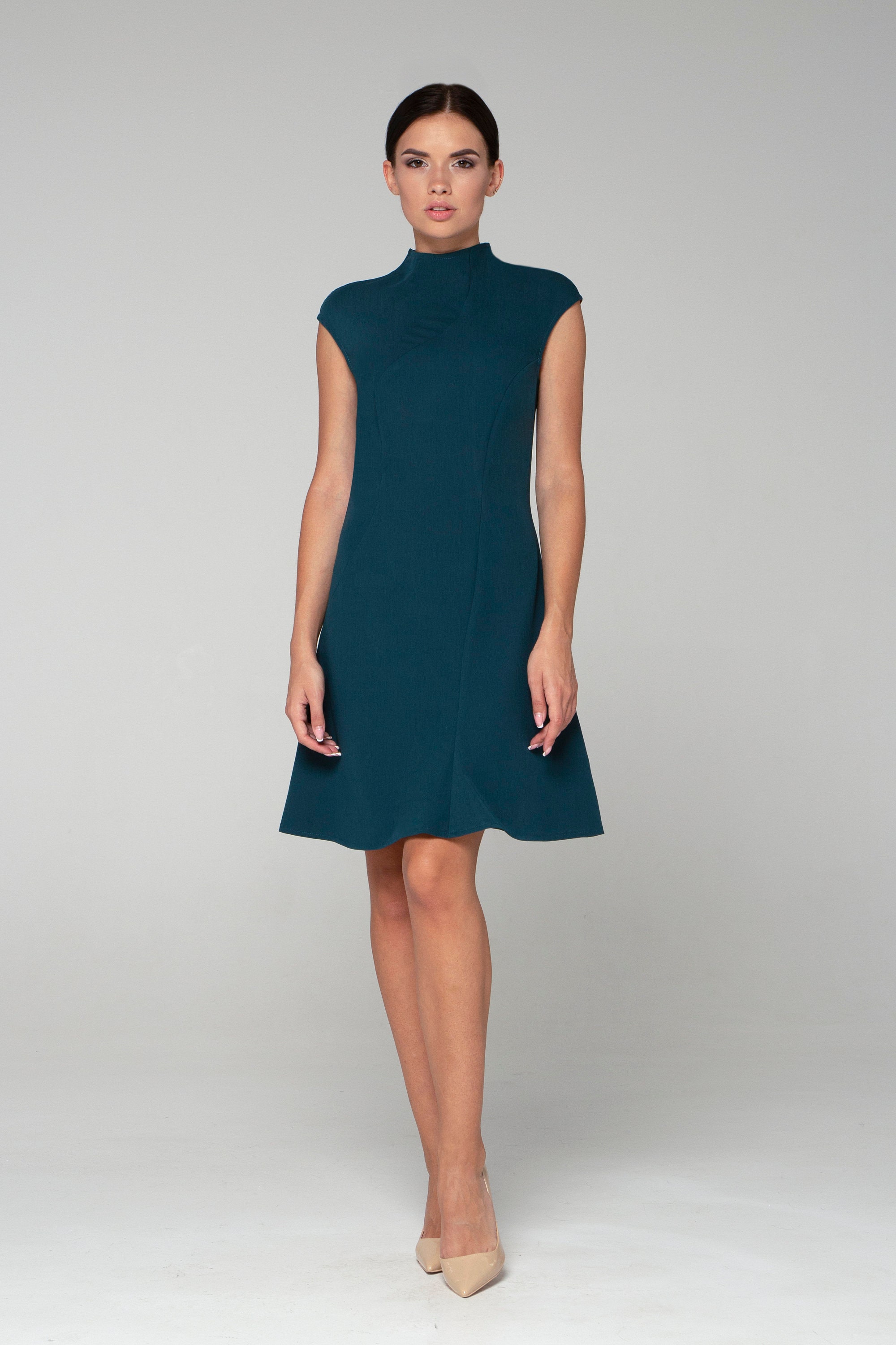 green mock neck dress Green Beaded Mock Neck Midi Dress