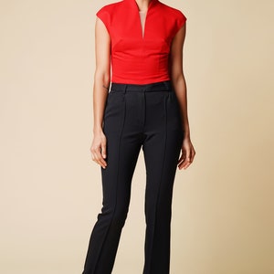 High neck cap sleeve red blouse women, V neckline short sleeve tops for women, Fitted office blouses,  Cap sleeve shirt, Workwear