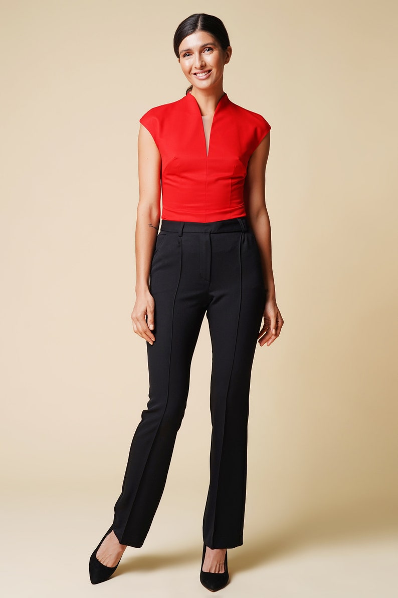 High neck cap sleeve red blouse women, V neckline short sleeve tops for women, Fitted office blouses,  Cap sleeve shirt, Workwear