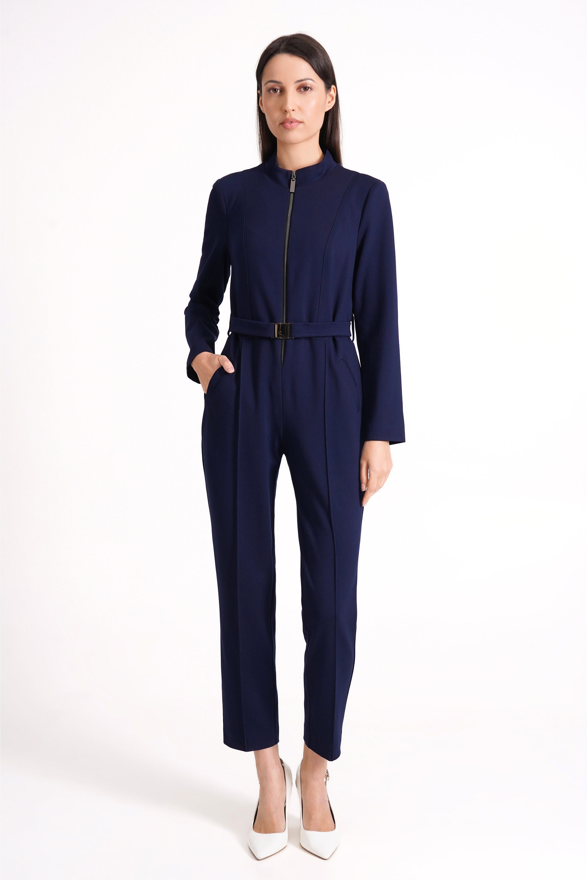 Navy Wedding Guest Jumpsuit Long Sleeve Elegant Jumpsuit Formal Dressy Jumpsuits Special Occasions Modern Zip Front Jumpsuit TAVROVSKA