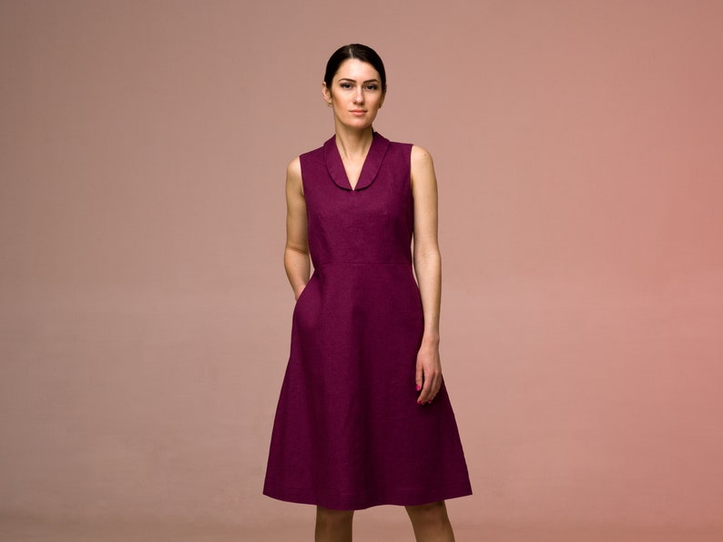 Purple Linen Dress sleeveless, Shawl collar summer dress for wedding guest, Midi dresses for women, Fit and flare dress pockets