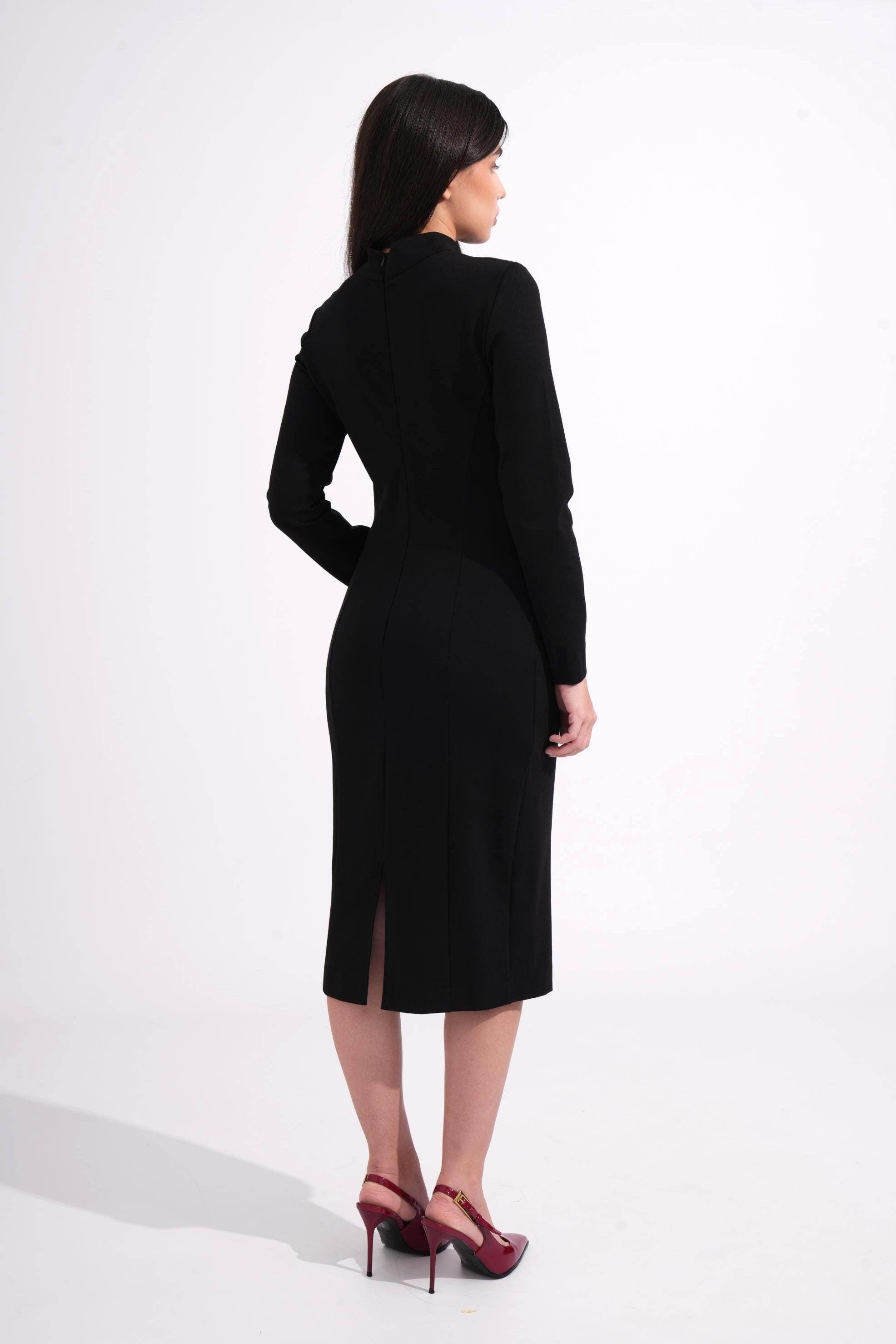 Cocktail Dress Midi Black Elegant Pencil Dress Long Sleeve High Neck Bow Wedding Guest Dress Business Casual Attire Minimalist Evening Dress