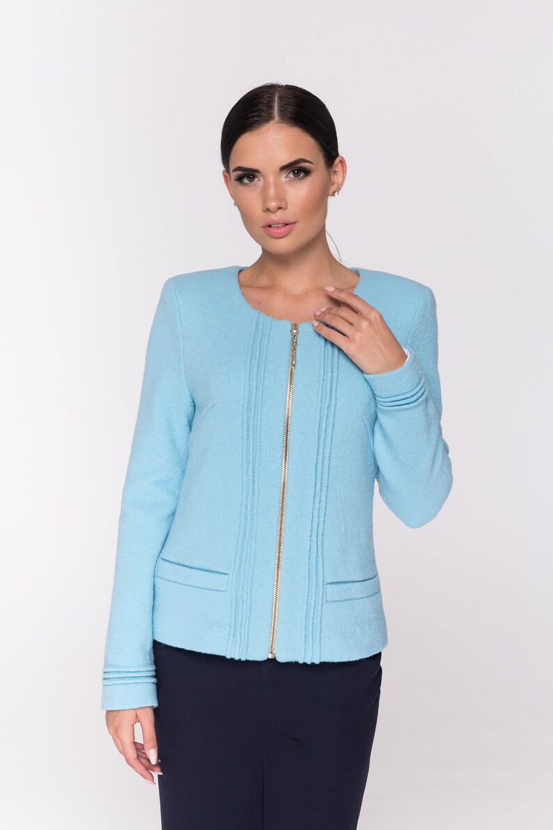 Blue wool zipup jacket for women Short wool coat jackets Etsy