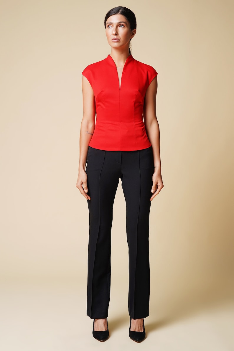 High neck cap sleeve red blouse women, V neckline short sleeve tops for women, Fitted office blouses,  Cap sleeve shirt, Workwear