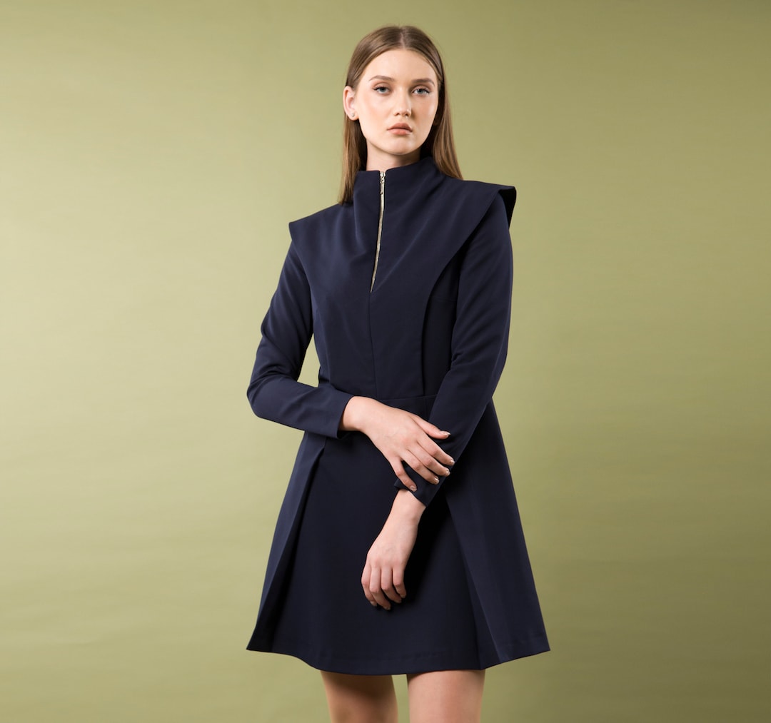 High Neck Military Style Women's Dress, Fit and Flare Structured Dress