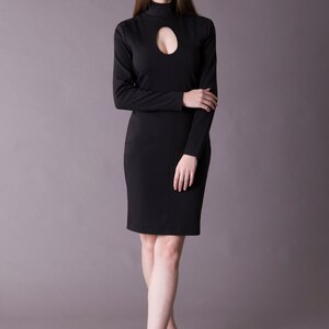 Black cut out turtleneck dress, Long sleeve bodycon mock neck dress, Open front Cut out midi dress, Going out dresses for women